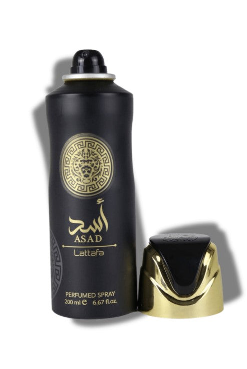 Desodorante perfumado Lattafa Asad en spray negro con detalles dorados y tapa separada