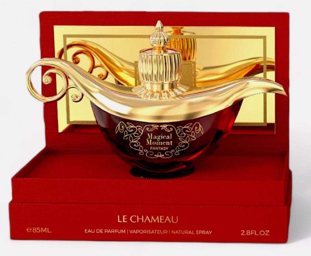 Perfume EMPER Eau de Parfum Fantasy en botella decorativa dorada con base roja elegante