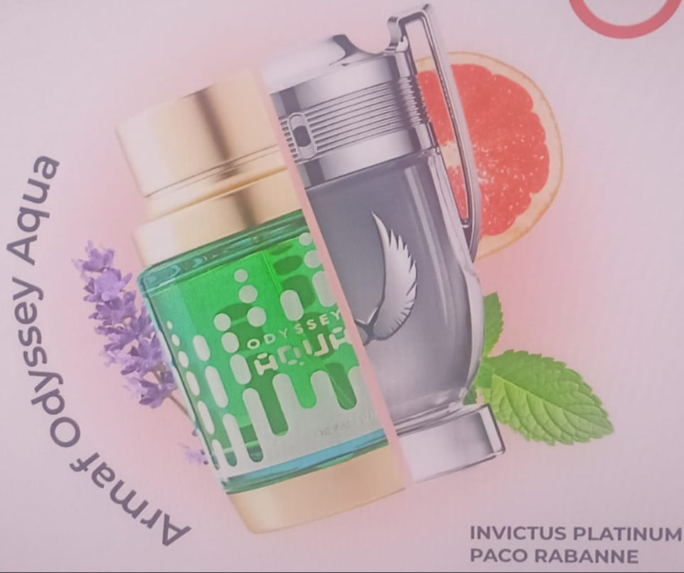 ARMAF Odyssey Aqua Eau de Parfum bottle with lavender, grapefruit, and mint background