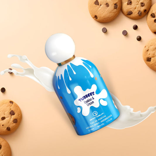 Eau de parfum Cookies & Cream de GRANDEUR con diseño azul y galletas de chocolate
