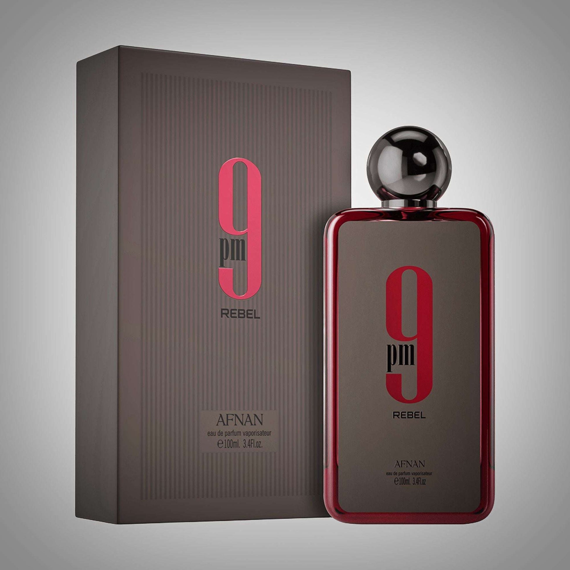 Botella y caja de eau de parfum 9pm Rebel de AFNAN en diseño elegante negro y rojo