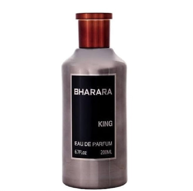 Botella de Eau de Parfum King de BHARARA BEAUTY en envase plateado con etiqueta negra y tapa cobre