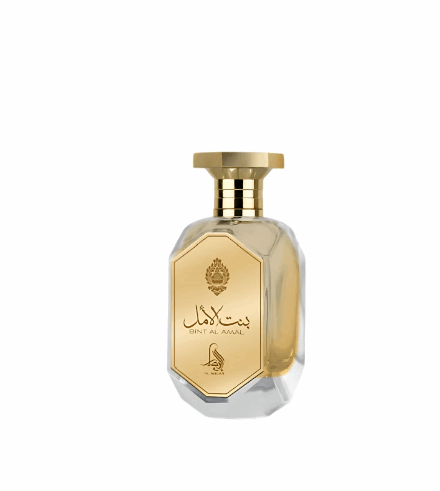 Botella de Eau de Parfum Bint Al Amal de AL ABSAR con diseño elegante y etiqueta dorada