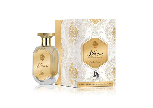 EAU DE PARFUM Bint Al Amal de AL ABSAR botella elegante con caja decorativa blanca y dorada