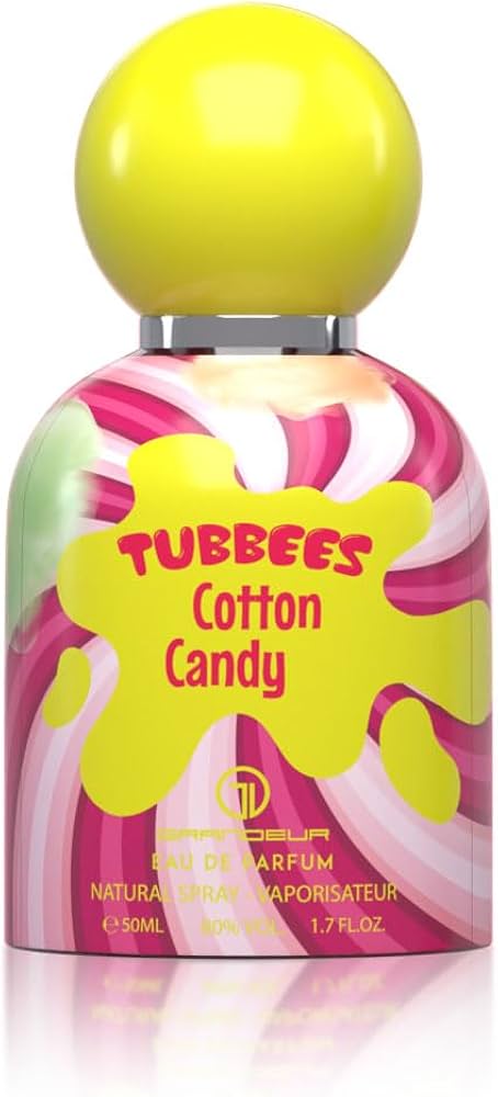 Eau de Parfum Grandeur Tubbees Cotton Candy en botella colorida con tapa amarilla