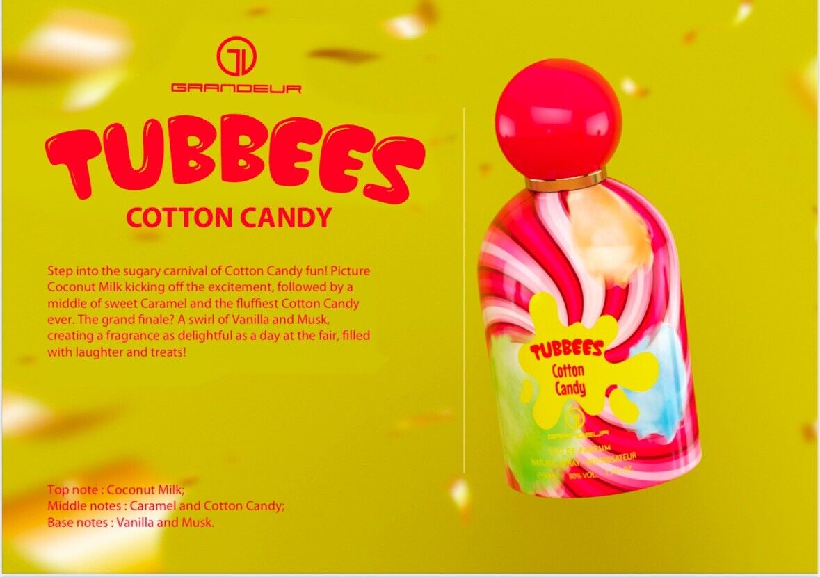 EAU DE PARFUM Tubbees Cotton Candy de GRANDEUR botella colorida con tapa roja y aroma dulce