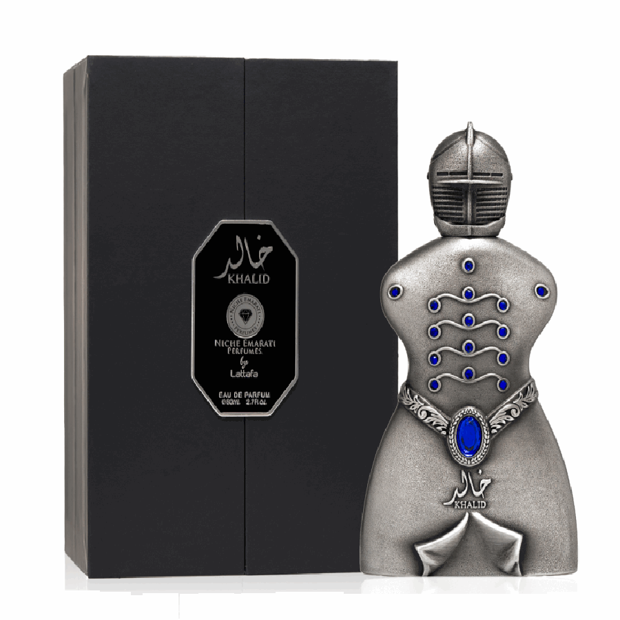 Eau de Parfum Khalid de Lattafa botella plateada con detalles azules y caja negra elegante