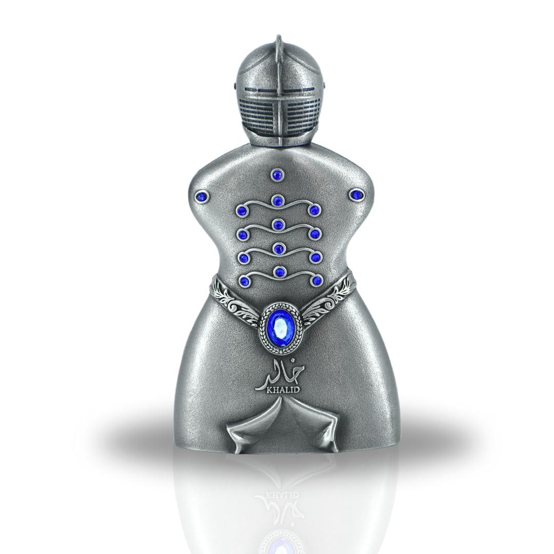 EAU DE PARFUM Khalid de LATTAFA en botella con diseño metálico y detalles azules