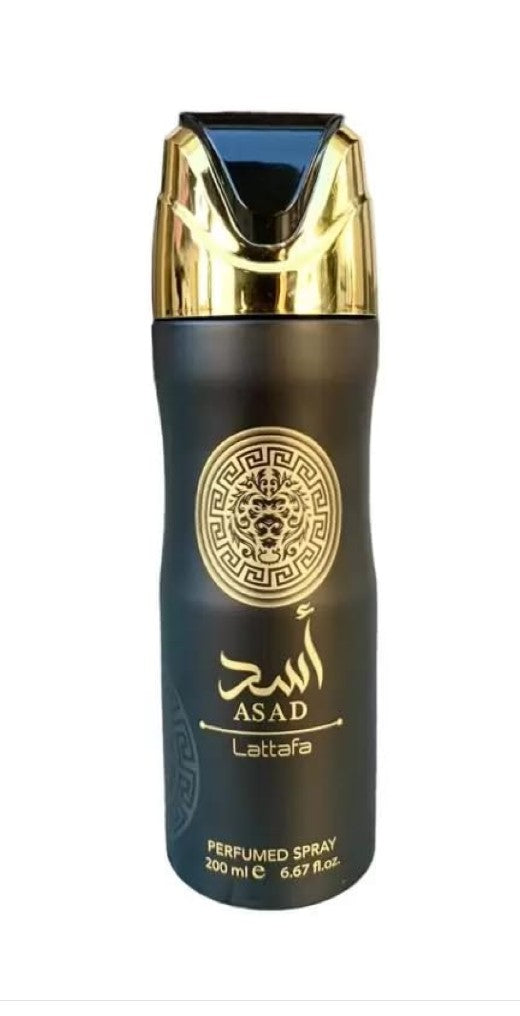 Desodorante perfumado Asad de Lattafa en spray con diseño negro y dorado de 200 ml