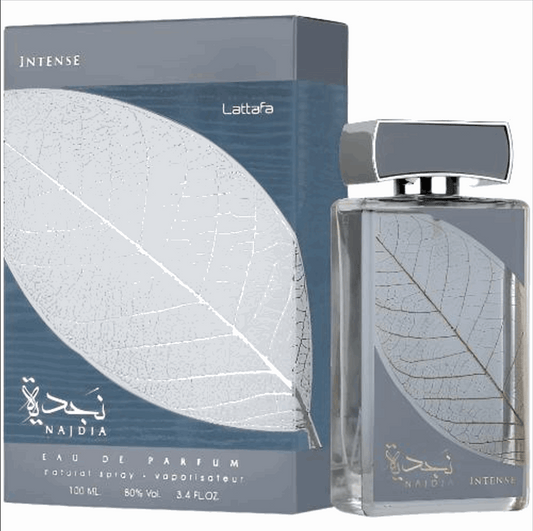 EAU DE PARFUM Najdia Intense de LATTAFA con diseño de hoja blanca en botella y caja azul