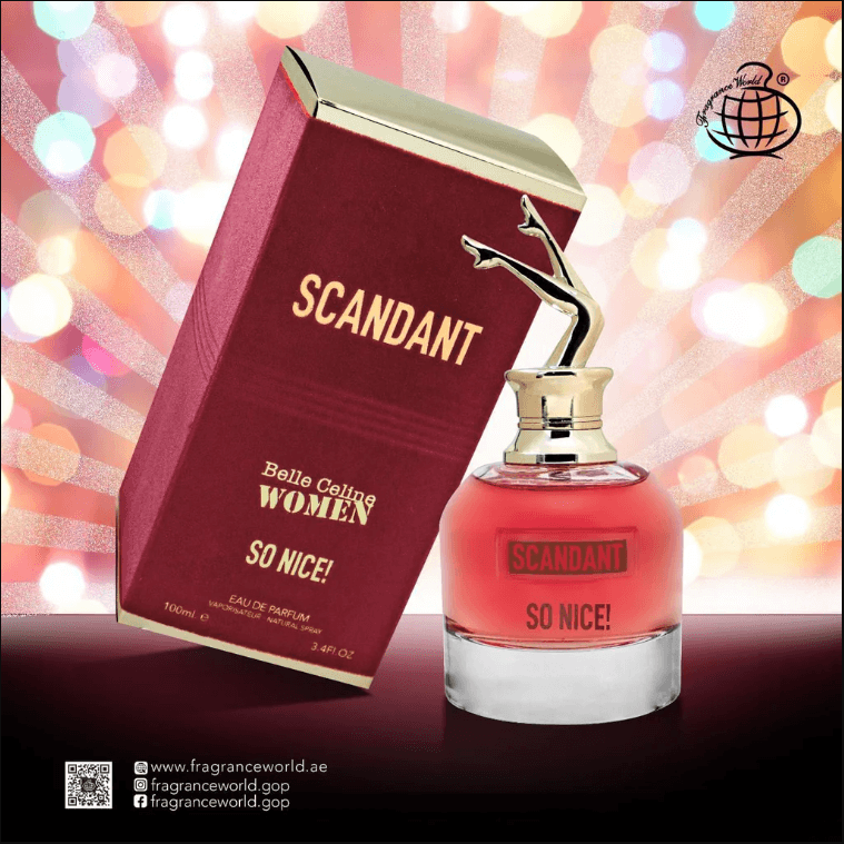 EAU DE PARFUM Scandant So Nice para mujer con frasco rojo y caja burdeos de Fragrance World