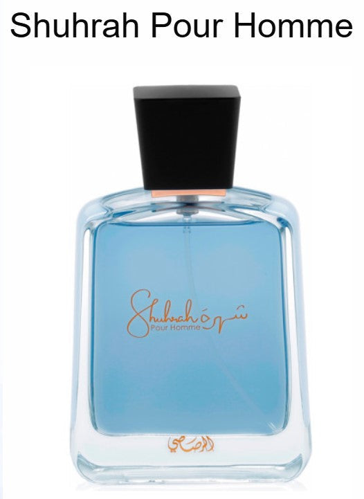 EAU DE PARFUM Shuhrah Pour Homme de Rasasi botella de cristal con fragancia azul