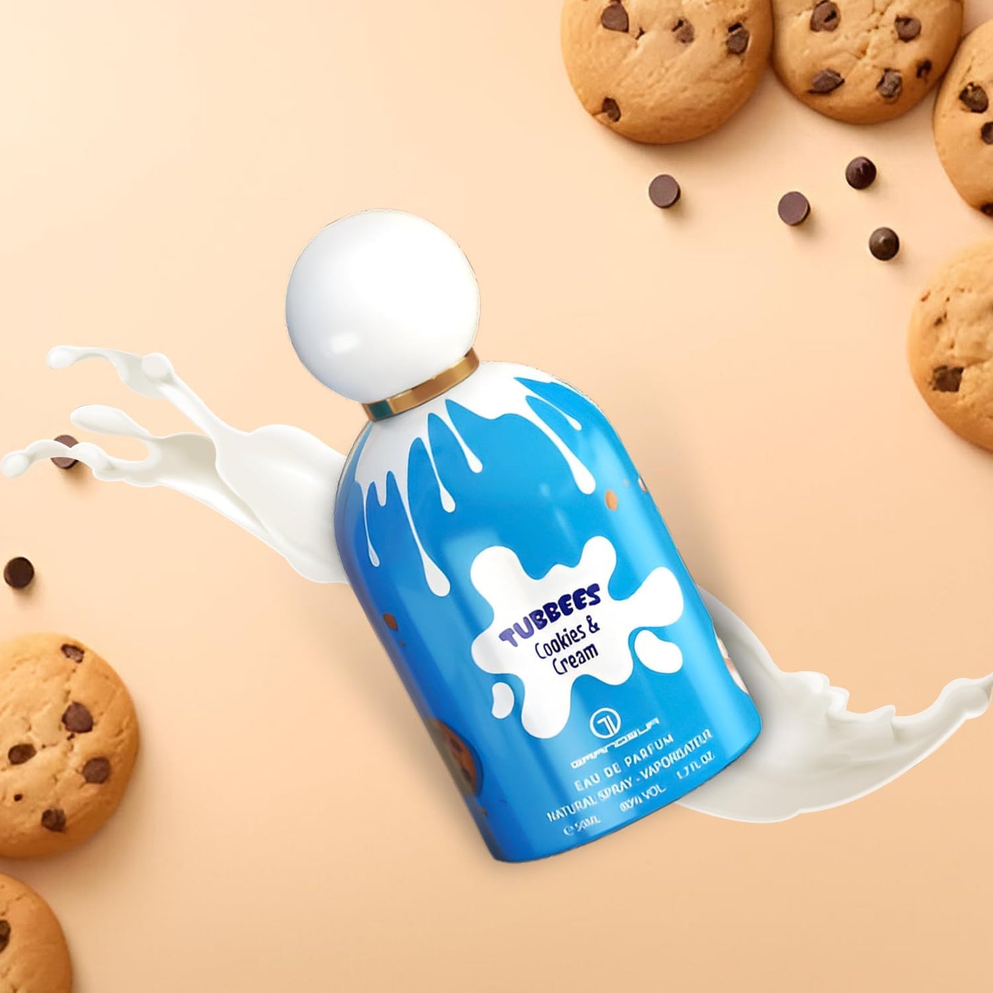 Eau de parfum Cookies & Cream de GRANDEUR con diseño azul y galletas de chocolate