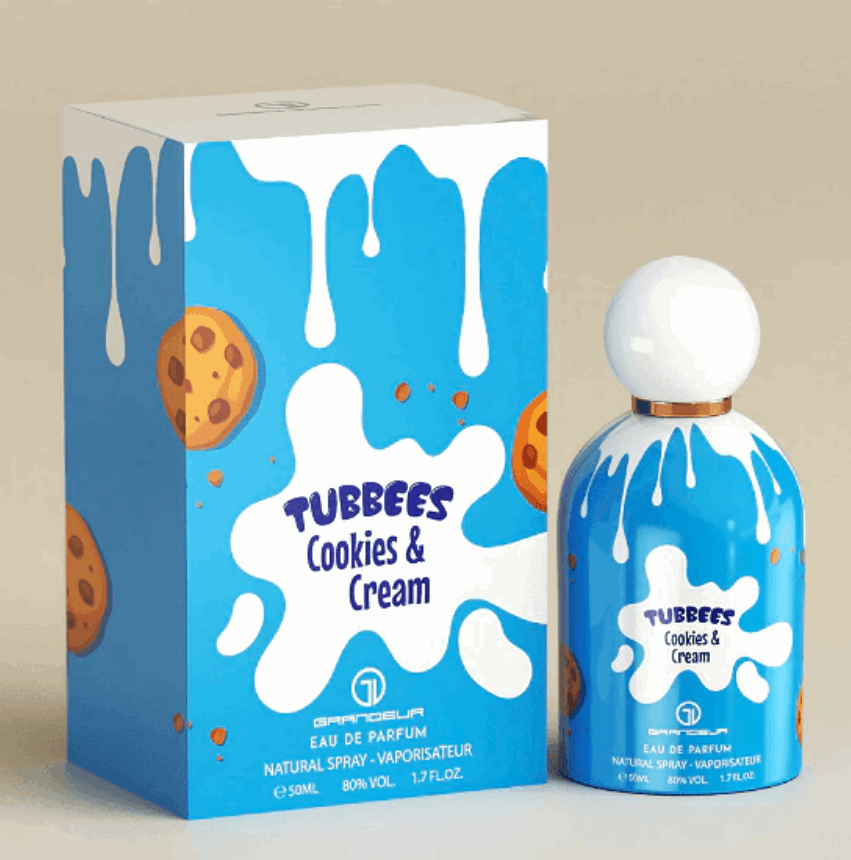 EAU DE PARFUM Cookies & Cream de GRANDEUR con diseño azul y blanco en botella y caja