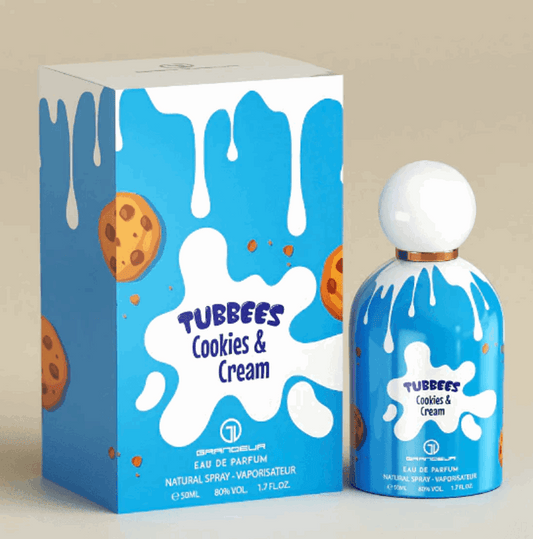EAU DE PARFUM Cookies & Cream de GRANDEUR con diseño azul y blanco en botella y caja