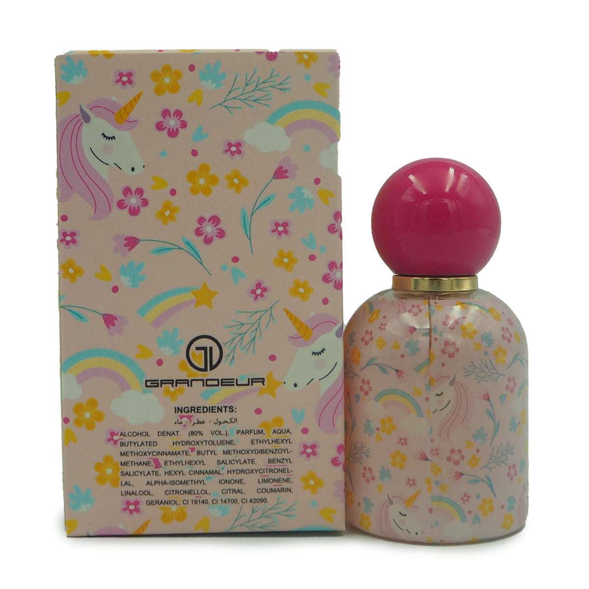 Eau de parfum Unicorn Vanilla de GRANDEUR con diseño de unicornio y arcoíris en botella y caja