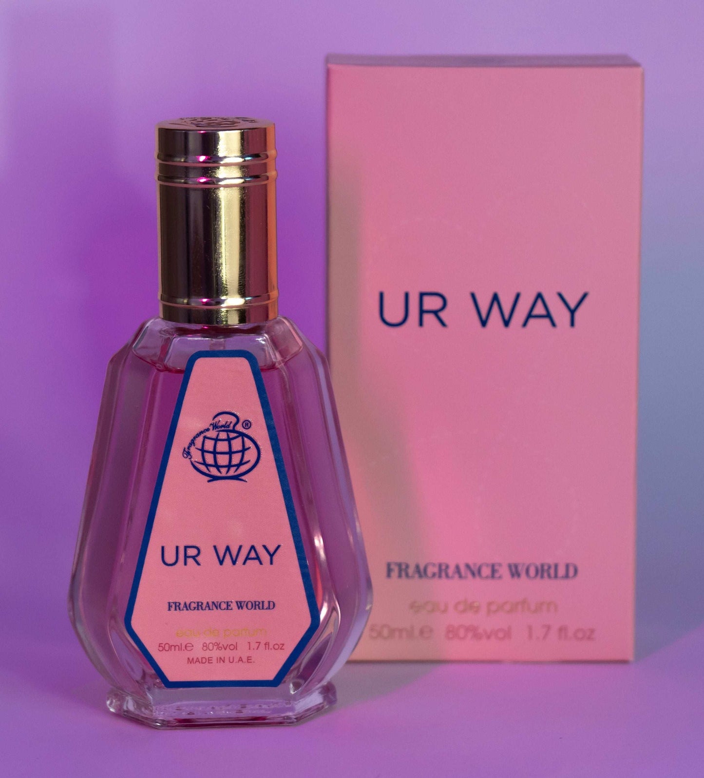 EAU DE PARFUM Ur Way de FRAGRANCE WORLD con botella y caja rosa elegante